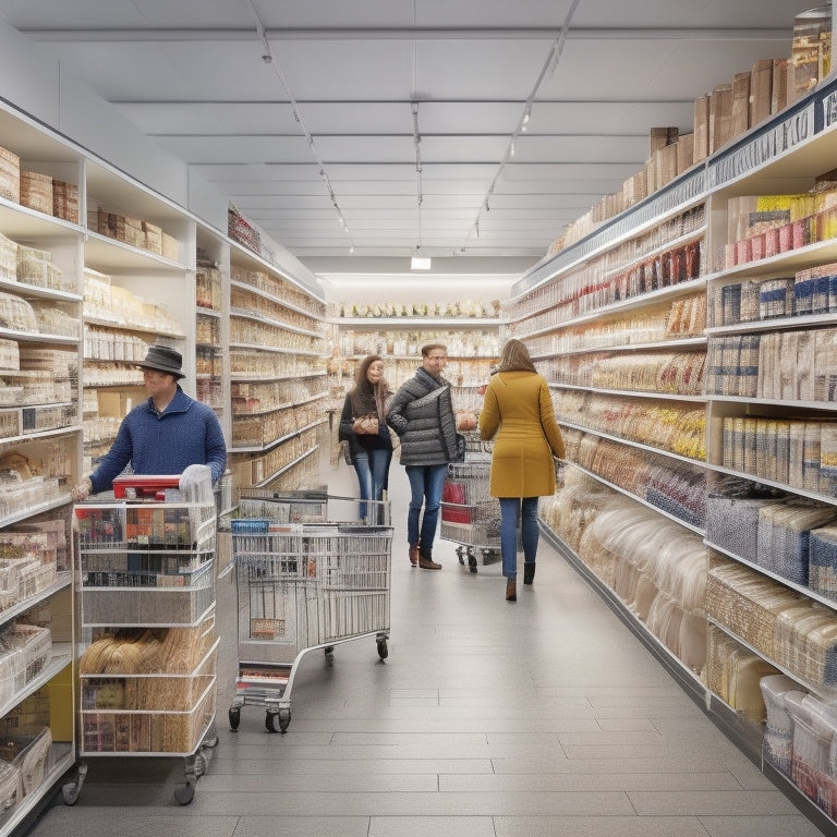 A bustling retail store with a mix of floor-to-ceiling shelves, some static and others on wheels, showcasing an organized and efficient storage system, with neatly stacked products and a few shoppers browsing.