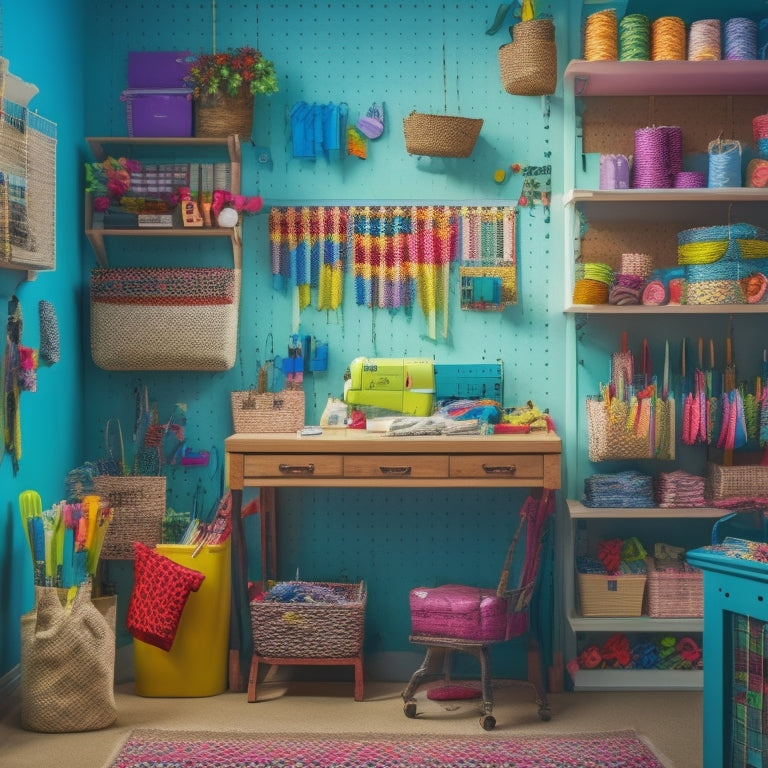 A tidy sewing room with a large pegboard on the wall, adorned with colorful threads, scissors, and various sewing tools hung from hooks, surrounded by baskets and bins filled with fabric scraps and notions.