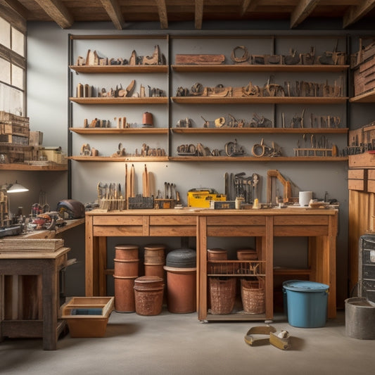 A well-organized workshop with various tool storage bins of different shapes, sizes, and materials, arranged neatly on shelves and workbenches, with tools and equipment peeking out, surrounded by a clean and clutter-free environment.