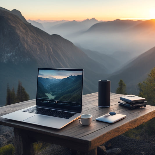 A minimalist desk setup on a mountain peak at sunrise, featuring a sleek laptop, a compact wireless SSD, and a portable hard drive, surrounded by lush greenery and a distant valley view.