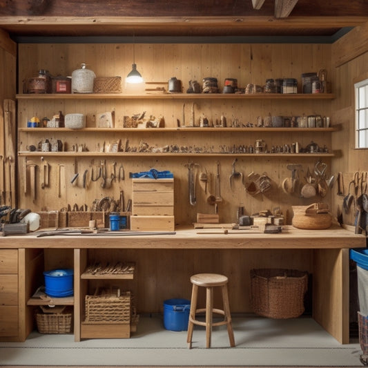 A clutter-free woodworking shop with a wall-mounted pegboard, hooks holding various tools, and a nearby wooden cabinet with sliding drawers, surrounded by a few half-finished wooden projects.
