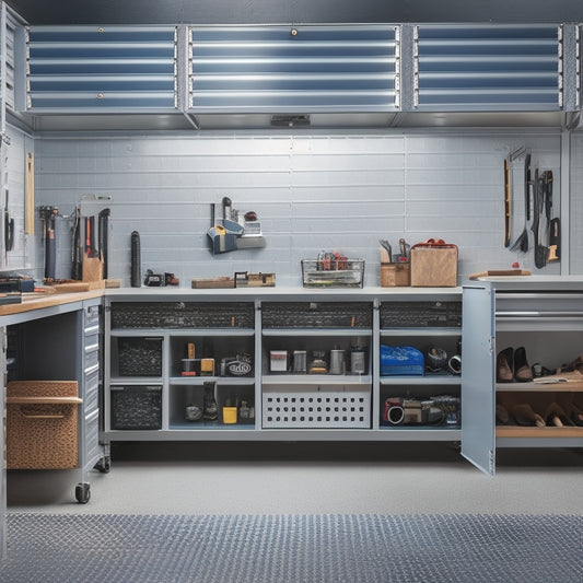 A clutter-free garage with a sleek, silver under-bench tool box featuring multiple compartments, drawers, and a sliding top, surrounded by neatly arranged tools and a few well-placed pegboards.