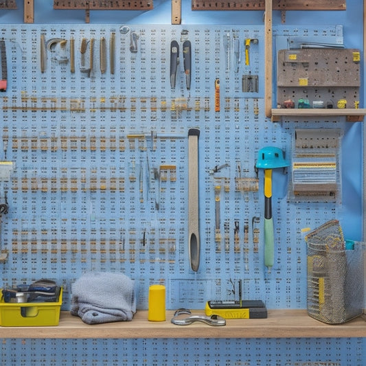 A well-organized pegboard with various tools and accessories, including a hammer, level, tape measure, wrench, and pliers, arranged in a logical and visually appealing way, with hooks and bins labeled by category.