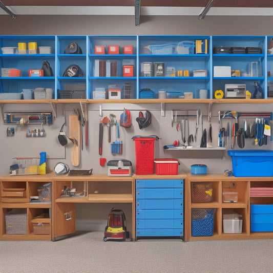 A clutter-free garage with slatwall panels, hooks, and bins, featuring a mounted pegboard with organized tools, a folding workbench, and a sleek shelving unit with labeled storage containers.