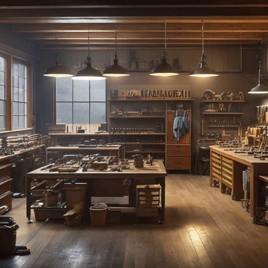 A well-lit, spacious workshop with polished wooden floors, rows of organized toolboxes, and a large, central workbench surrounded by wooden projects in various stages of completion.