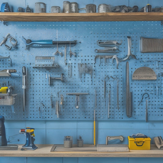 A neatly arranged pegboard with various plumbing tools, including wrenches, pliers, and screwdrivers, hung in a logical and accessible order, with a toolbox and shelves in the background.
