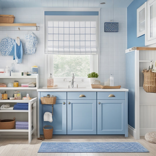 A tidy laundry room with a wall-mounted folding table, built-in cabinets, and a pegboard with hooks holding baskets, irons, and laundry supplies, surrounded by a calming blue and white color scheme.