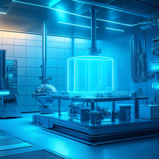 A futuristic, sleek laboratory scene with a large, gleaming metal contraption at its center, surrounded by scattered blueprints, diagrams, and 3D models, with subtle neon lights and soft, ambient glow.