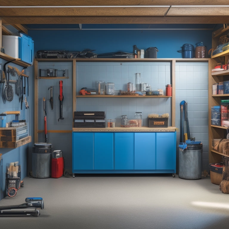 A cluttered garage with scattered tools and equipment, contrasted with a clean and organized garage featuring a sleek, wall-mounted storage cabinet with sliding doors and adjustable shelves.