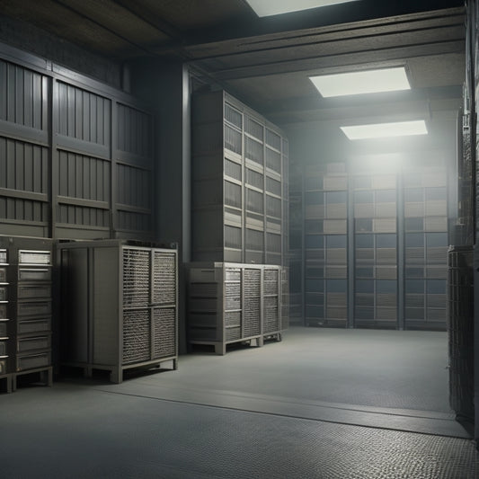 A dimly lit, industrial-style bunker interior with rows of modular, steel storage units featuring customizable compartments, secured with heavy-duty locks and surrounded by reinforced concrete walls and a vaulted ceiling.