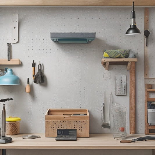 A clutter-free workspace featuring a pegboard with neatly organized tools and accessories, including a drill, screwdrivers, pliers, and bins, against a light-gray background with subtle wood grain texture.