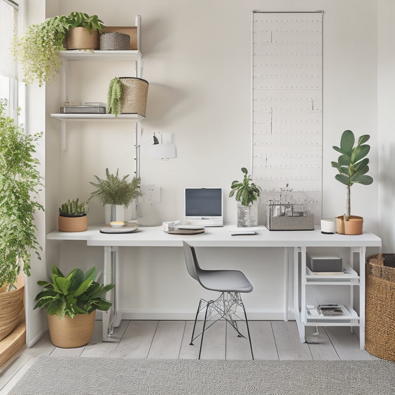 A modern, minimalist workspace with a sleek, silver pegboard desk featuring variously sized hooks, bins, and baskets, surrounded by a few, strategically placed, potted plants and a minimalist chair.