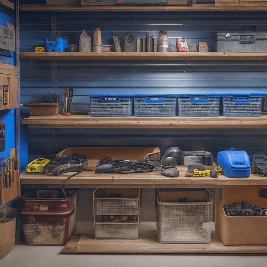 A tidy workshop with a pegboard on the wall, holding organized cordless tool batteries and chargers, and a nearby storage bin with a open lid, revealing neatly stacked tool cases.