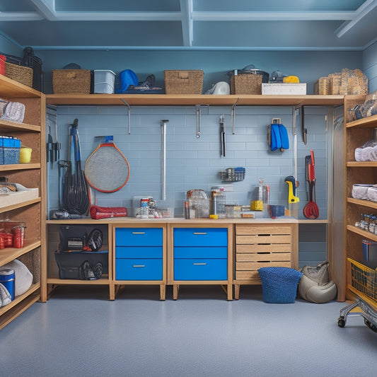 A well-organized garage interior with a mix of open shelving units and closed cabinets in various sizes and materials, surrounded by tools, sports equipment, and storage bins.