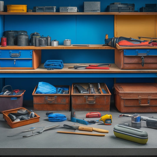 A clutter-free workshop with three open tool boxes of varying sizes, each filled with neatly organized tools and compartments, against a clean, gray concrete background.