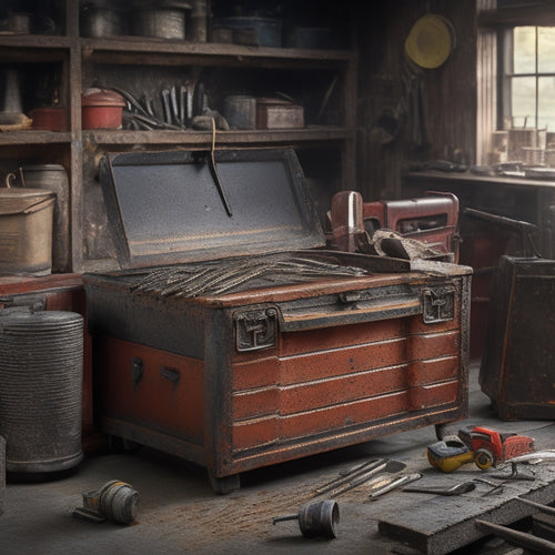 A rugged, metallic tool box with rust-resistant coating, adorned with reinforced handles and sturdy latches, sits atop a messy workshop floor surrounded by scattered tools and machinery.