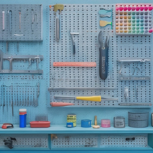A colorful pegboard with various tools and accessories, such as wrenches, hammers, and bins, arranged in a harmonious and organized manner, with ample negative space and a subtle grid background.
