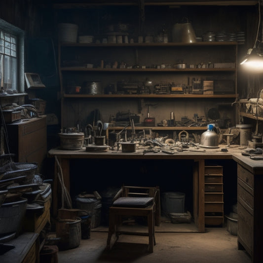 A dimly lit, cramped workshop with scattered tools, tangled wires, and half-finished projects, surrounded by dusty shelves and cluttered workbenches, with a faint sense of chaos and disorganization.