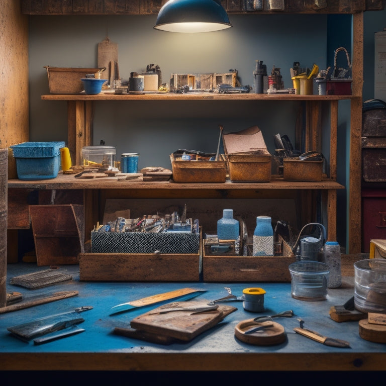 A clutter-free workshop with a portable tool tray in the center, surrounded by organized tools and materials, with a faint outline of a messy workspace in the background.