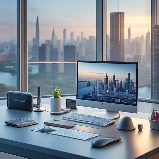 A futuristic, sleek, and minimalist workstation with a silver laptop, a precision-crafted wooden desk, and a few strategically placed, high-tech gadgets, set against a blurred cityscape background.