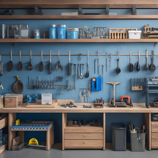 A well-organized workshop with a pegboard on the wall, holding various tools in labeled holders, alongside a workbench with a built-in vice, and a rolling cabinet with drawers and a top tray.