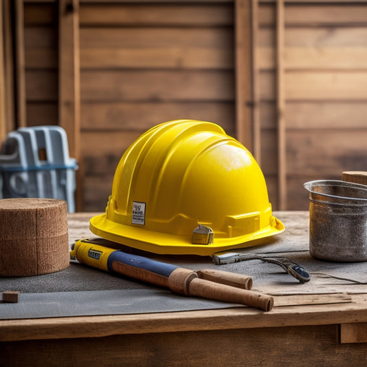 A yellow hard hat resting on a worn, wooden workbench, surrounded by scattered power tools and a crumpled DeWalt manual, with a blurred background of a busy construction site.