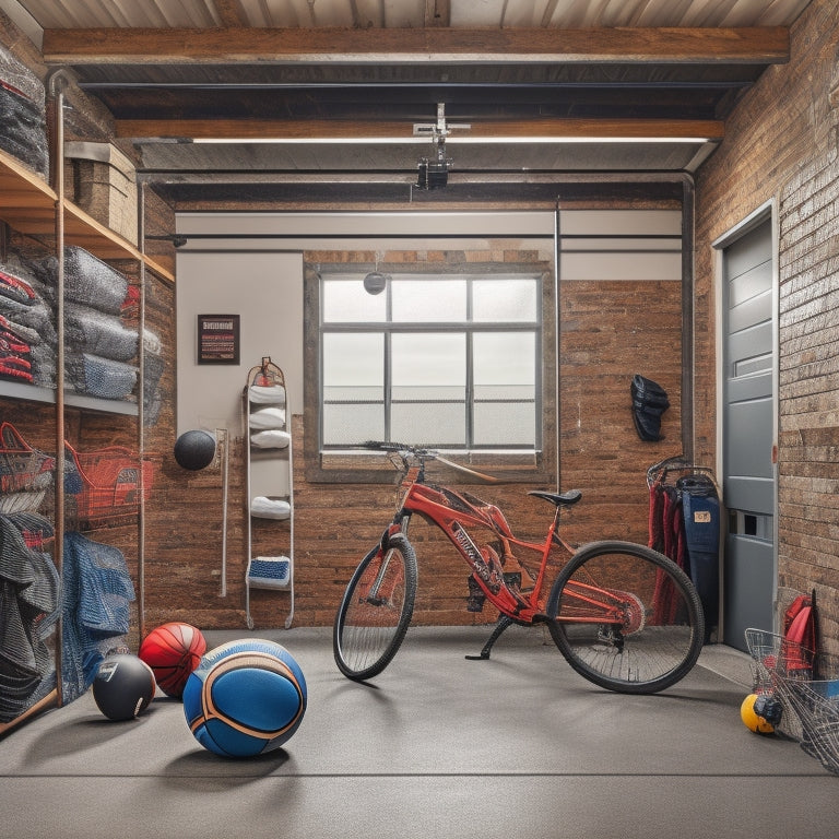 A well-organized garage with a basketball hoop in the background, athletic equipment like bikes, balls, and nets hung from the ceiling, and labeled bins and shelves storing sports gear and accessories.