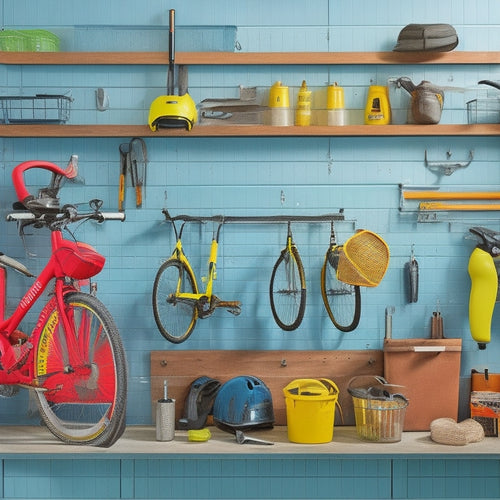 A well-organized garage with a pegboard rack on a wall, holding various tools and accessories, such as a drill, wrench, and bike helmet, with a few hooks for hanging bikes or balls.