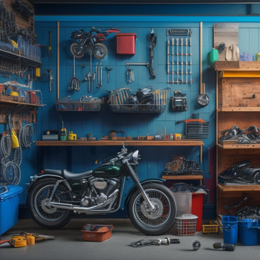 A pegboard with a motorcycle in the background, surrounded by various add-ons like tool holders, bins, and hooks, with a few motorcycle parts and tools scattered around, all in a well-organized garage setting.