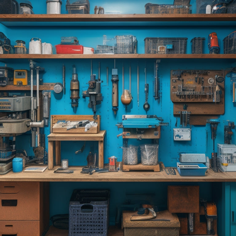 A clutter-free workshop with a wall-mounted pegboard, organized drill press accessories, and labeled bins, surrounded by a tidy workbench and a few strategically placed power tools.