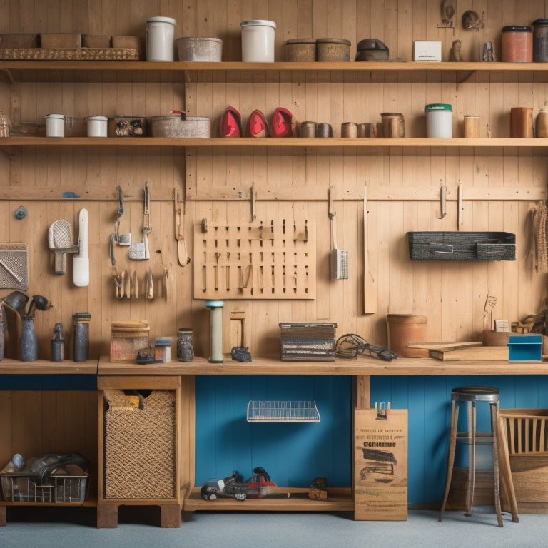 A clutter-free workshop with a pegboard on a wooden wall, holding various tools and accessories, alongside a DIY shelving unit with labeled bins and baskets, surrounded by a tidy floor.