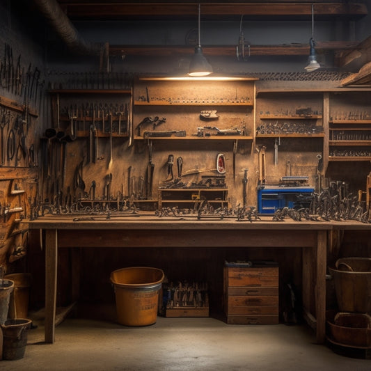 A tidy, well-lit workshop with a wooden workbench in the center, surrounded by various hand tool storage racks, bins, and hooks, showcasing organized rows of wrenches, pliers, and screwdrivers.