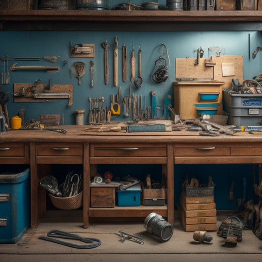 A cluttered workshop with scattered tools, tangled cords, and open drawers, contrasted with a tidy, organized toolbox in the corner, with labeled compartments and a few tools neatly arranged on a pegboard.