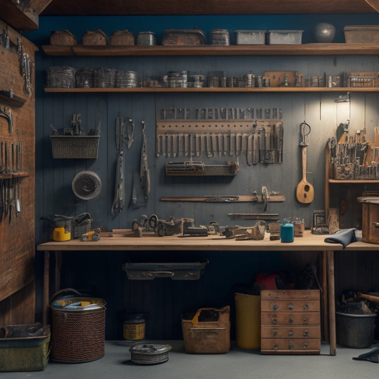 A cluttered workshop with scattered tools and parts, contrasted with a sleek, organized pegboard featuring a mix of metal and wooden pegs, hooks, and bins, with a few strategically placed tools and accessories.