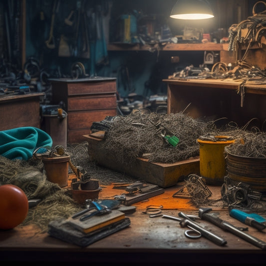 A cluttered workshop with dozens of keys scattered on a workbench, overflowing from a rusty key organizer, and tangled in a mess of wires and tools, amidst a backdrop of half-finished projects.