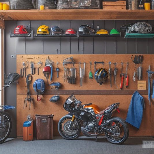 A clutter-free garage with a sleek, black pegboard on the wall, adorned with custom hooks, bins, and holders, showcasing a shiny motorcycle helmet, gloves, and tools, surrounded by a few scattered motorcycle parts.