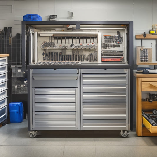 A well-organized mechanic tool chest with a stainless steel finish, multiple drawers, and a built-in computer mount, surrounded by various tools and diagnostic equipment in a clean, modern garage setting.