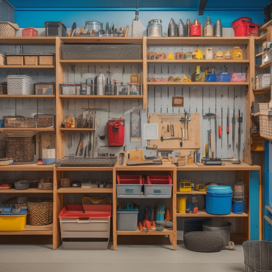 A clutter-free workshop with a pegboard on the back wall, holding various tools and accessories, surrounded by labeled bins, a tidy workbench, and a floor with neatly arranged storage containers.