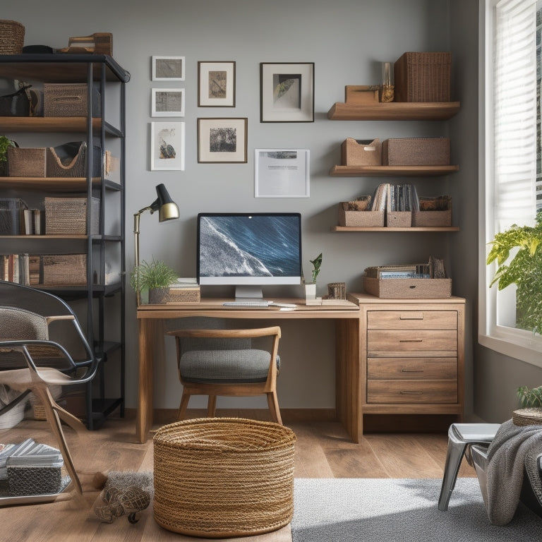 A tidy home office with a wooden desk, a comfortable ergonomic chair, and a bookshelf in the background, featuring various organization containers, including a woven basket, a metal file cabinet, and a stackable plastic tray.