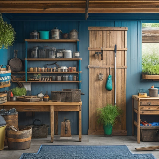 A clutter-free shed interior with a pegboard, hooks, and baskets, featuring a workbench with a vice, a toolbox, and a ladder against a wall, surrounded by well-organized gardening tools and equipment.