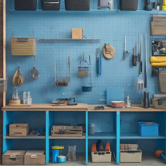 A clutter-free workshop with a customizable pegboard system featuring variously sized hooks, bins, and baskets in a mix of materials like metal, wood, and plastic, surrounded by organized tools and equipment.