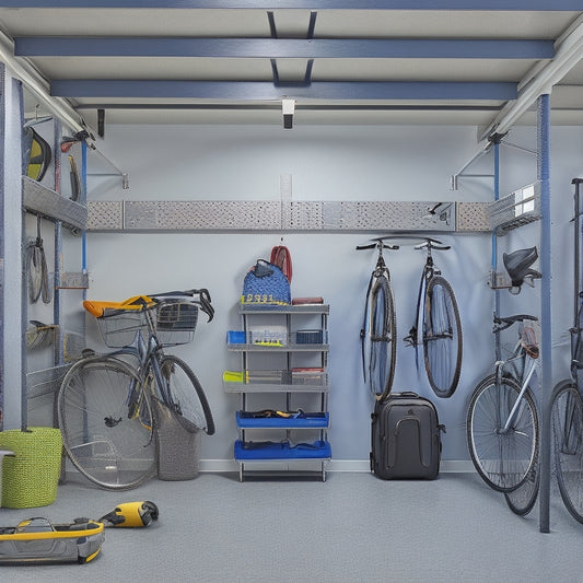 A clutter-free garage interior with 7 varied hanging storage racks: 2 bike holders, 1 kayak rack, 1 ladder hook, 1 shelf for bins, 1 tool organizer, and 2 ceiling-mounted racks for luggage and camping gear.
