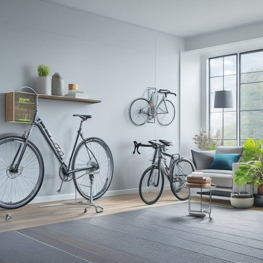 A clutter-free, modern living room with a sleek, wall-mounted bike rack holding a silver road bike, adjacent to a compact, foldable bike stand and a storage basket filled with cycling gear.