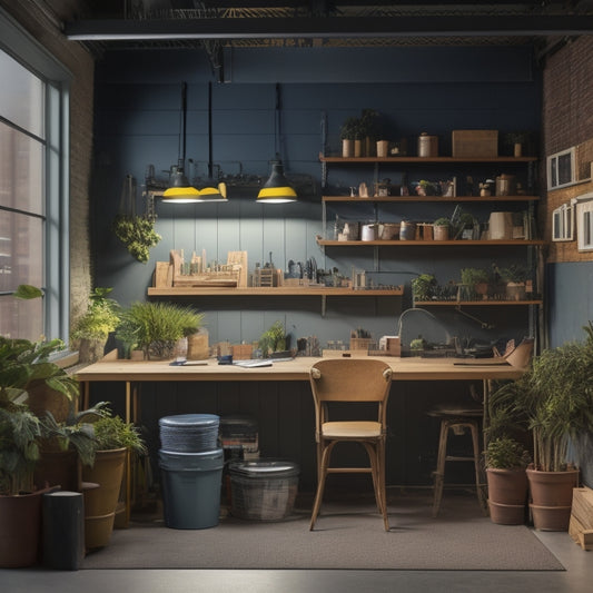 A clutter-free, well-lit, 10x10 foot urban workshop with a compact workbench, pegboard, and shelving, surrounded by cityscape windows and a small, potted green wall.