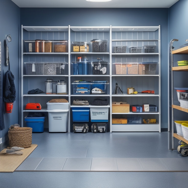 A tidy garage interior with three slim shelving units, each 12 inches wide, against a wall, stacked with labeled bins, baskets, and tools, surrounded by a sleek, grey epoxy-coated floor.