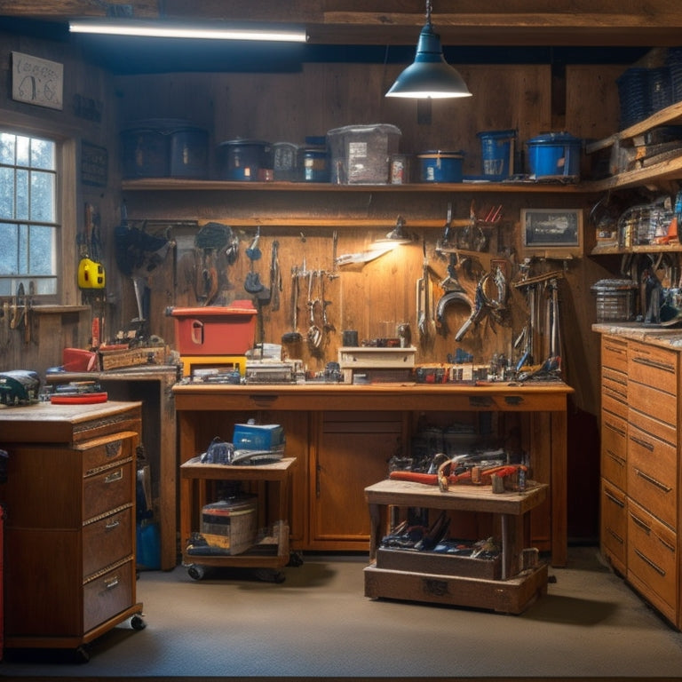 A cluttered garage or workshop with scattered tools, open cabinets, and chaotic workbenches, contrasted with a single, sleek, and organized tool chest in the corner, with a subtle glow effect.