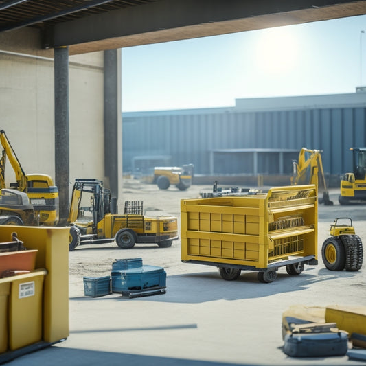 A clutter-free construction site with a rolling tool chest in the center, surrounded by organized tools and equipment, with a subtle hint of a half-built structure in the background.