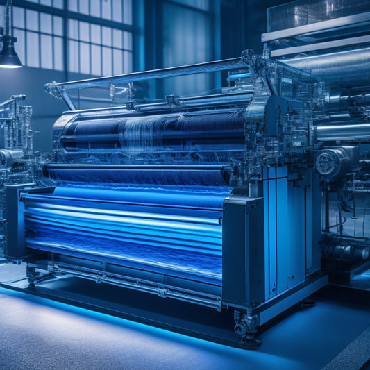 A futuristic printing press with sleek, silver machinery and glowing blue accents, featuring a large, transparent Hwahong Soft Roller at its center, surrounded by unwinding rolls of vibrant, colorful paper.