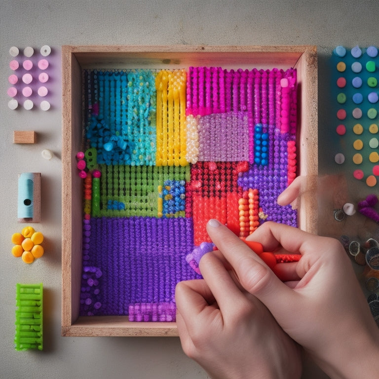 A person's hands holding a small, rectangular pegboard with evenly spaced holes, surrounded by a scattered assortment of colorful, cylindrical pegs of varying lengths.