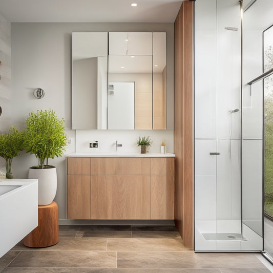 A modern bathroom with a large, floor-to-ceiling wall-mounted wooden cabinet featuring sliding glass doors, ambient lighting, and a sleek, minimalist design, surrounded by a clean, white, and gray color scheme.